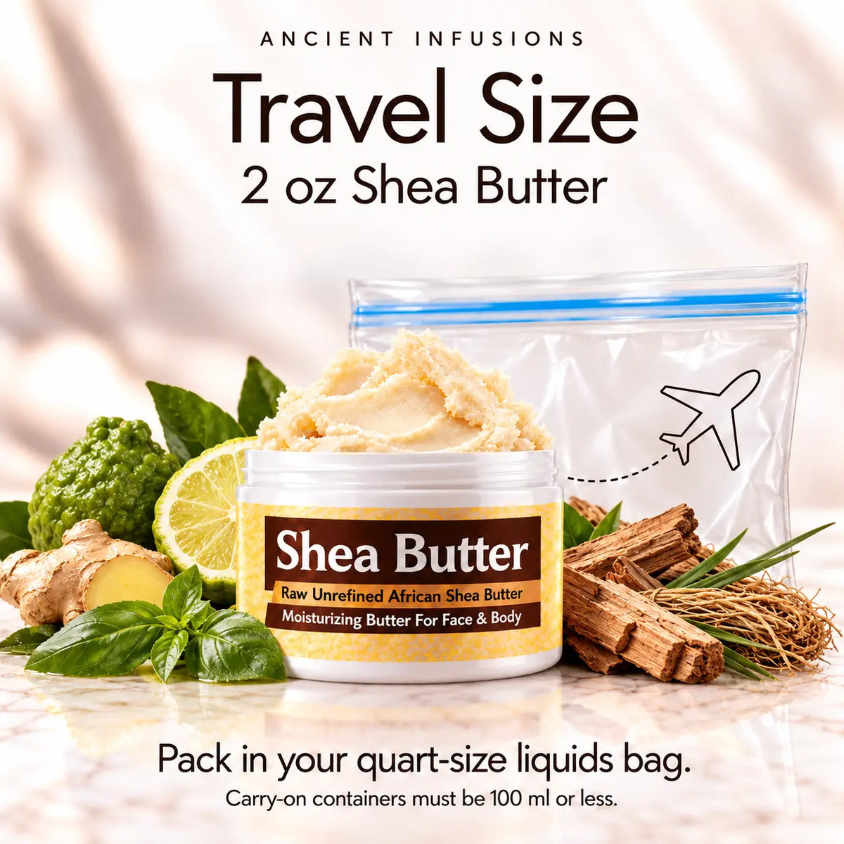 Two-ounce YSL L'Homme shea butter with quart-size liquids bag and carry-on packing guidance.