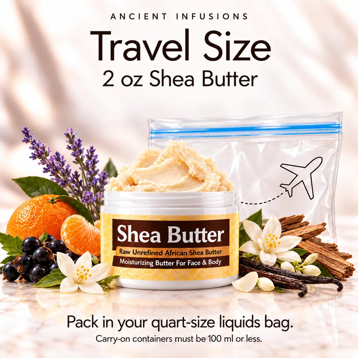 Two-ounce YSL Libre shea butter with quart-size liquids bag and carry-on packing guidance.