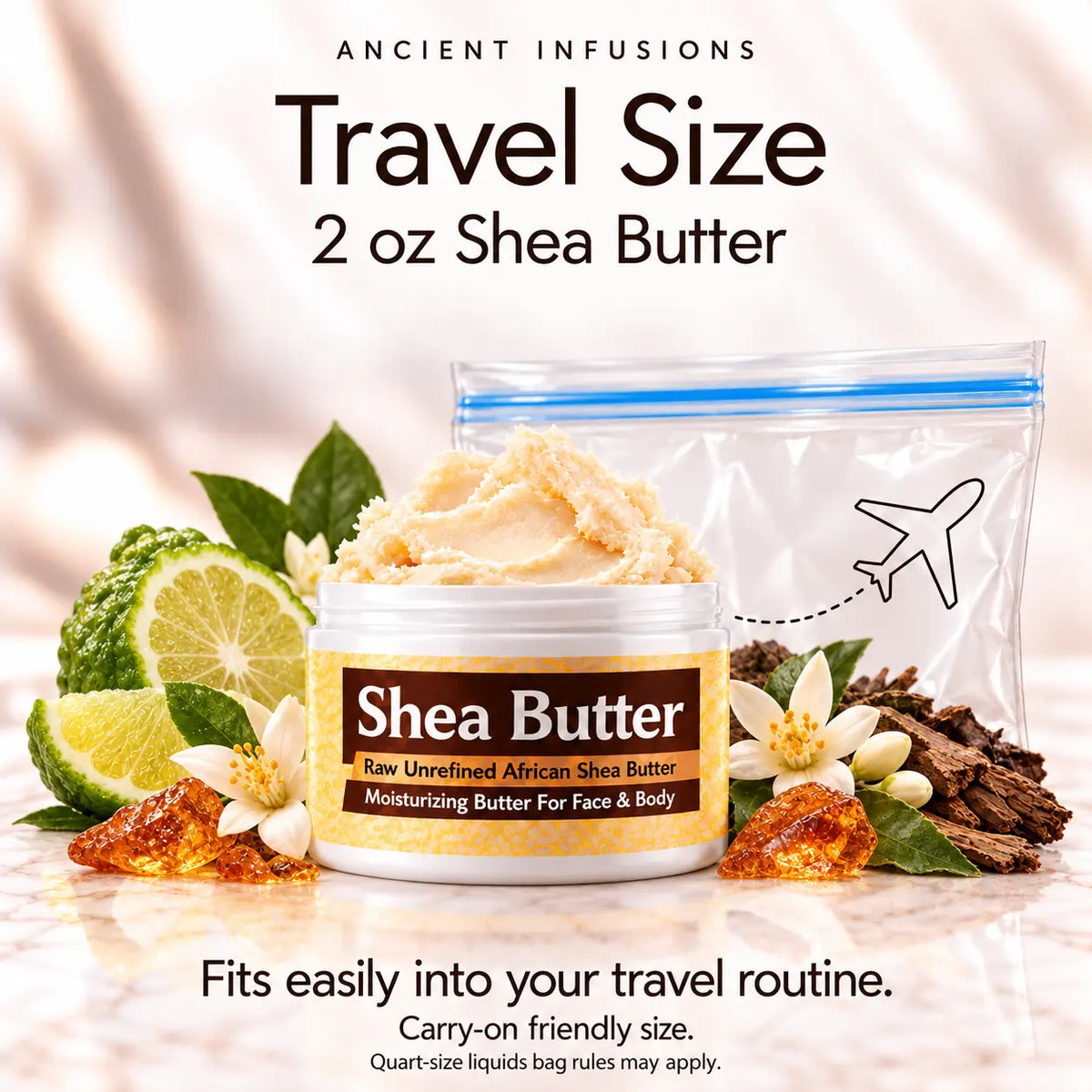Two-ounce YSL Myslf shea butter with quart-size liquids bag and carry-on packing guidance.