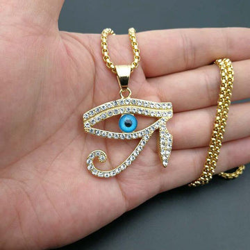 18k Gold Egyptian Eye of Ra Pendant Necklace with Stainless Steel Chain by Ancient Infusions – Elegant Spiritual Jewelry for Men and Women.