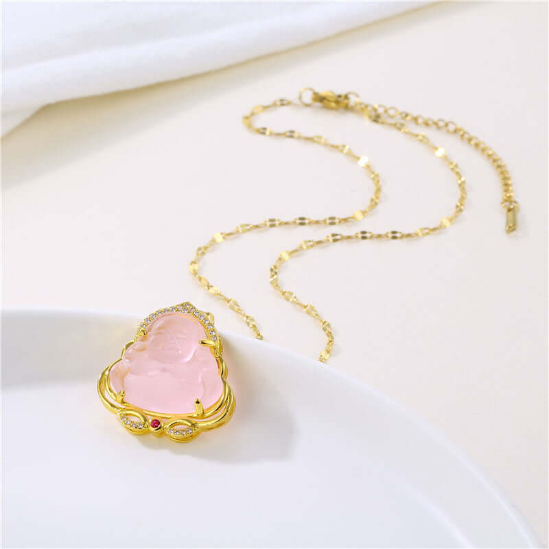 18k Gold-Plated Pink Jade Buddha Necklace with Adjustable Stainless Steel Chain by Ancient Infusions – Elegant Pink Jade Pendant.