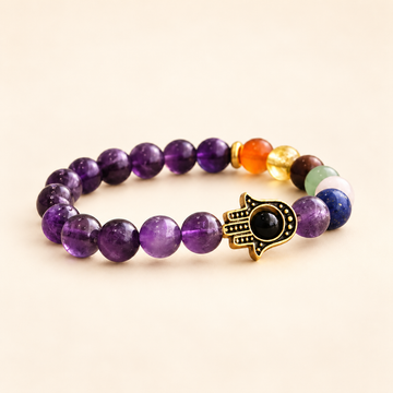 7 Chakra Amethyst Hamsa Elastic Bracelet on a soft ivory background, front view