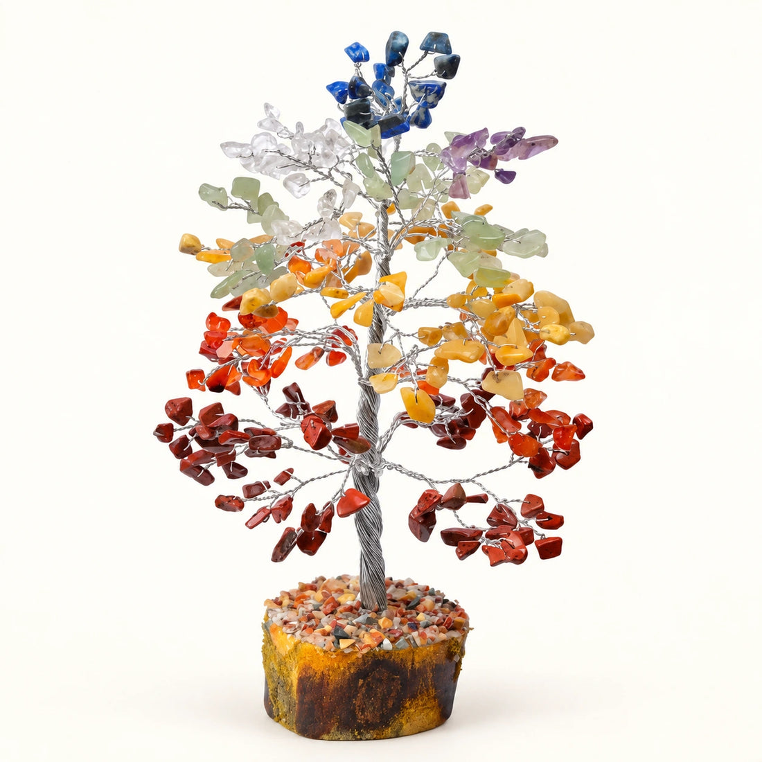 7 Chakra Crystal Tree Silver Wire on a soft ivory background; view 1.