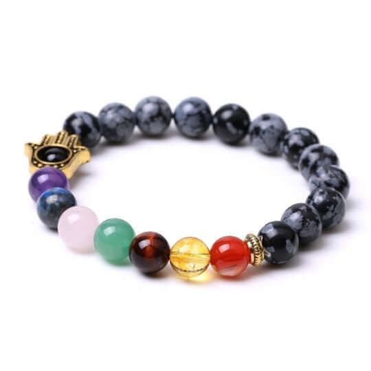 7 Chakra Snowflake Obsidian Elastic Bracelet with Hamsa Charm – Balance and Protection for Men and Women.