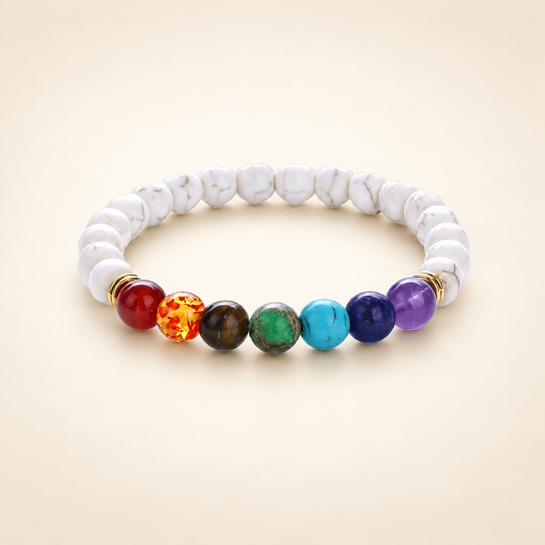 7 Chakra Howlite Elastic Bracelet on a soft ivory background, view 1