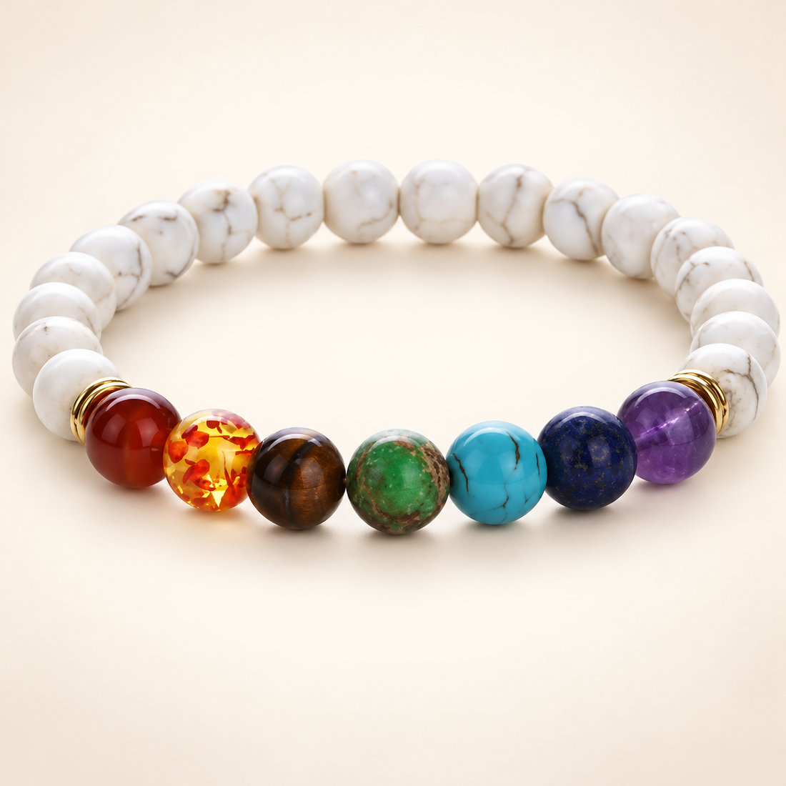 7 Chakra Howlite Elastic Bracelet on a soft ivory background, view 1