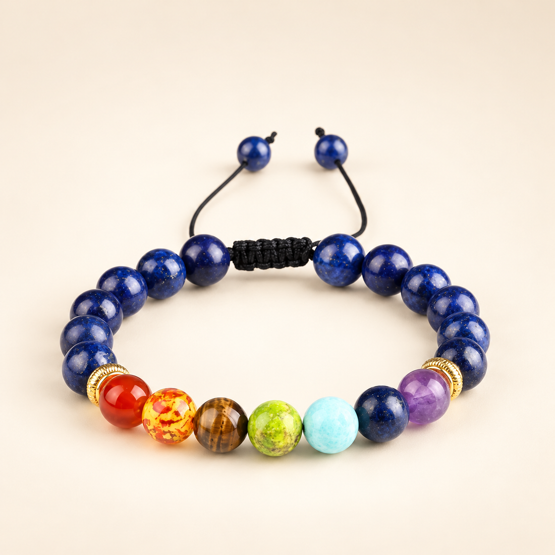 7 Chakra Lapis Lazuli Adjustable Bracelet on a soft ivory background, view 1