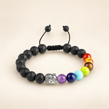 7 Chakra Lava Stone Buddha Adjustable Bracelet on a soft ivory background, view 1