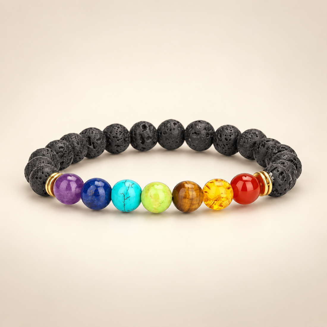 7 Chakra Lava Stone Elastic Bracelet on a soft ivory background, view 1