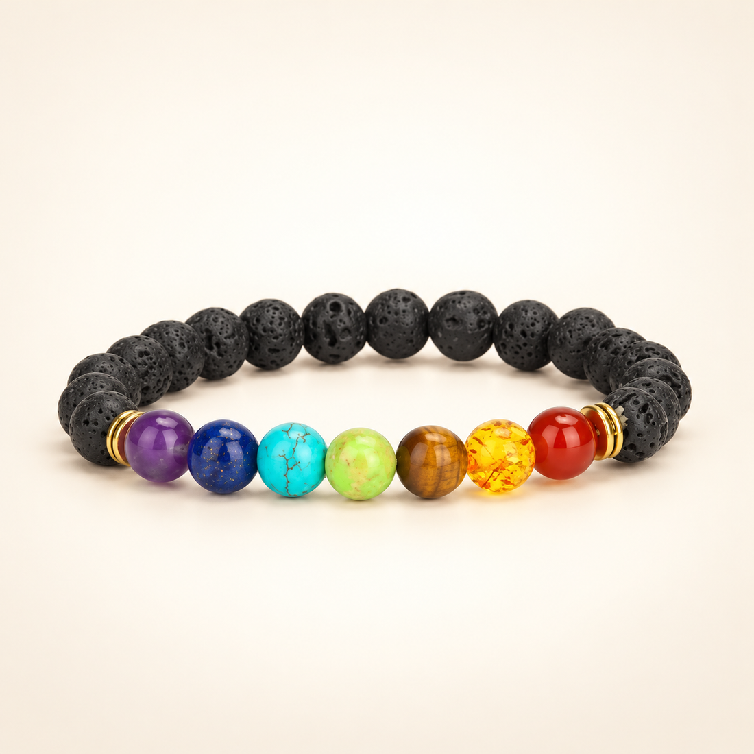 7 Chakra Lava Stone Elastic Bracelet on a soft ivory background, view 1