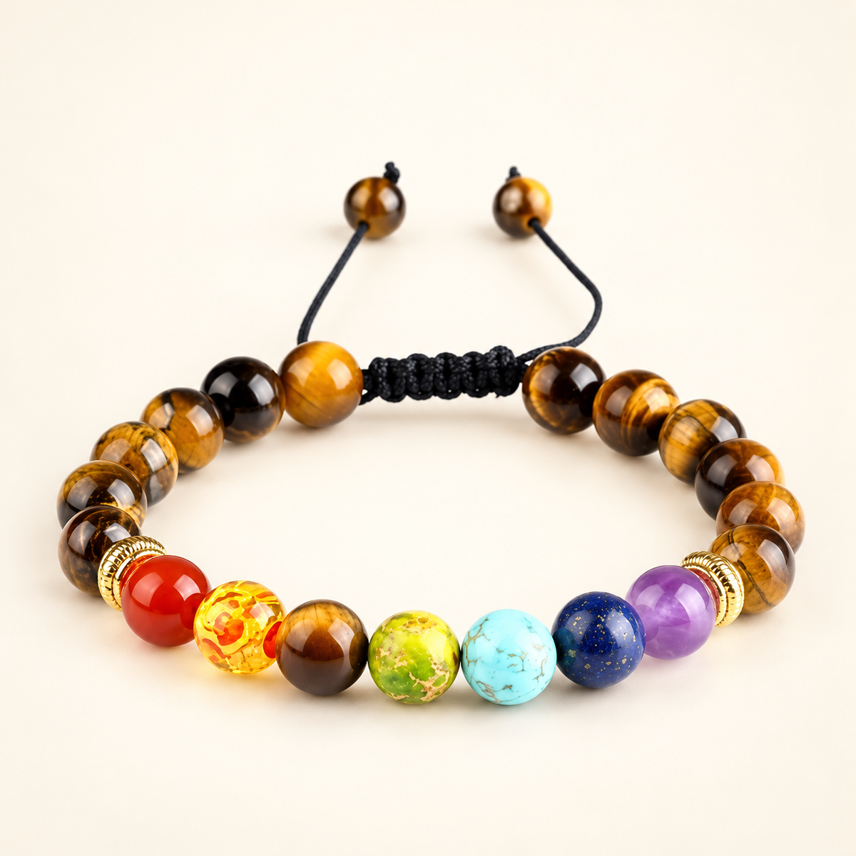 7 Chakra Tigers Eye Adjustable Bracelet on a soft ivory background, view 1