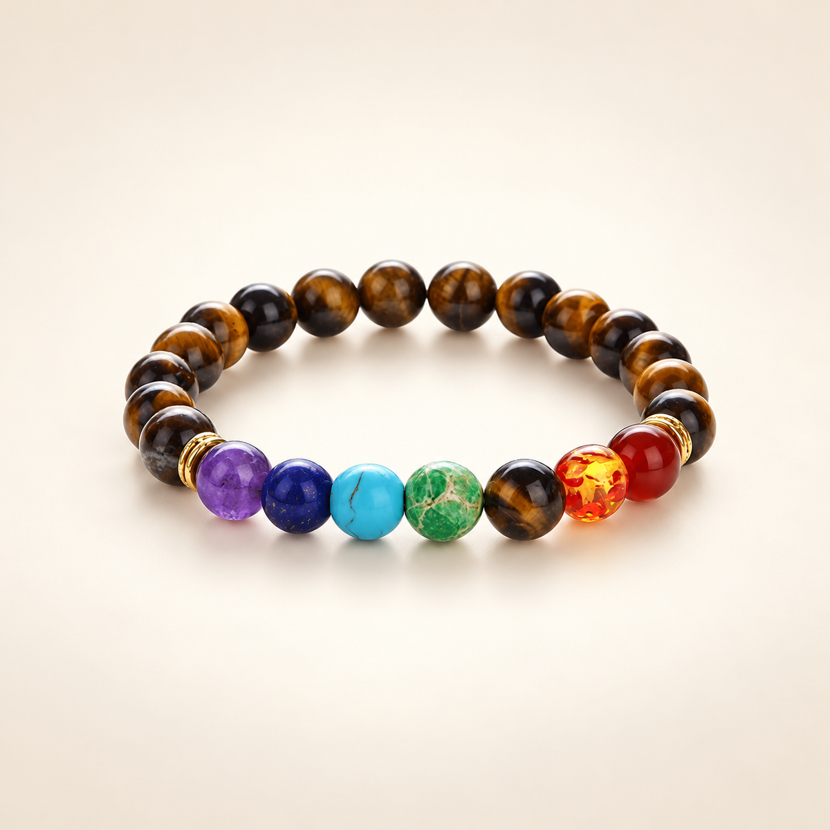 7 Chakra Tiger’s Eye Elastic Bracelet on a soft ivory background, view 1