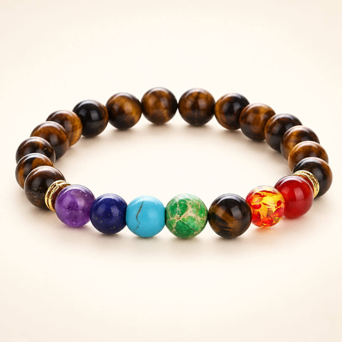 7 Chakra Tiger’s Eye Elastic Bracelet on a soft ivory background, view 2