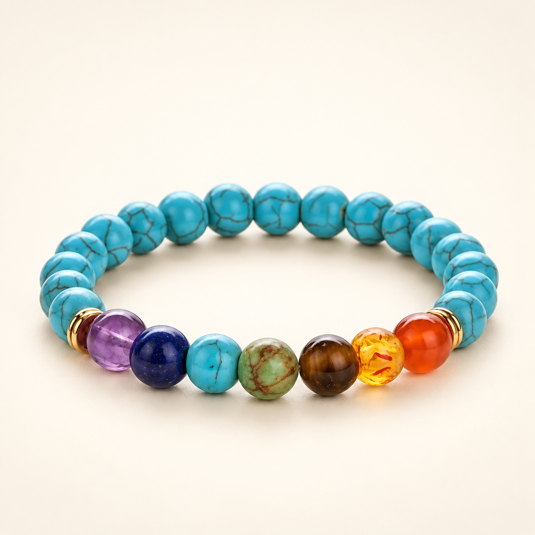 7 Chakra Turquoise Elastic Bracelet on a soft ivory background, view 1