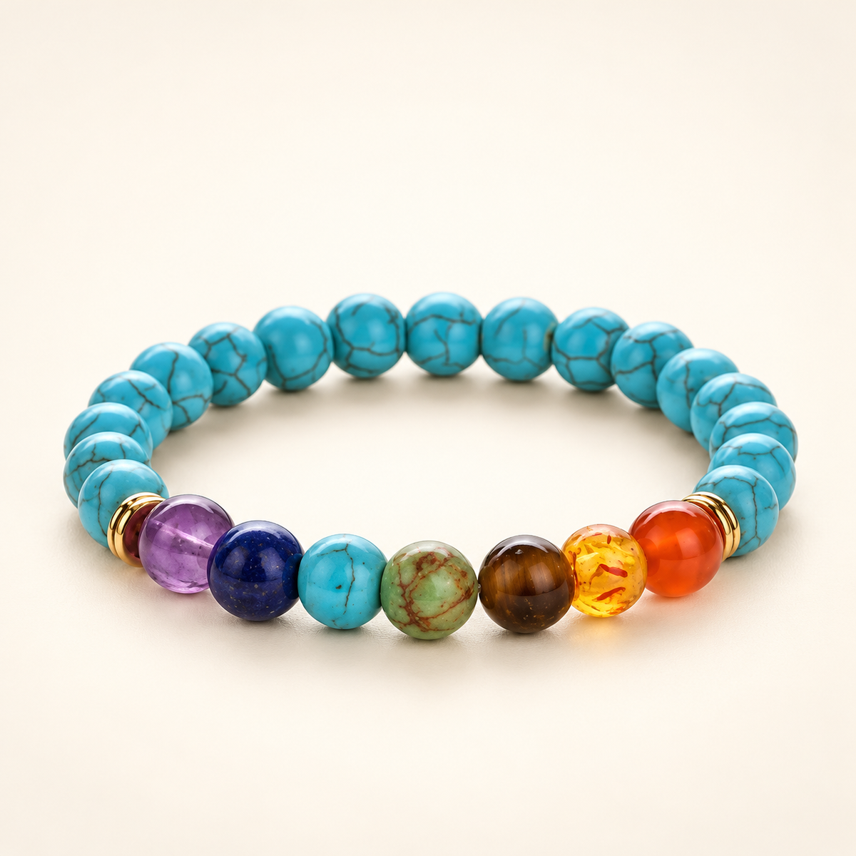 7 Chakra Turquoise Elastic Bracelet on a soft ivory background, view 2