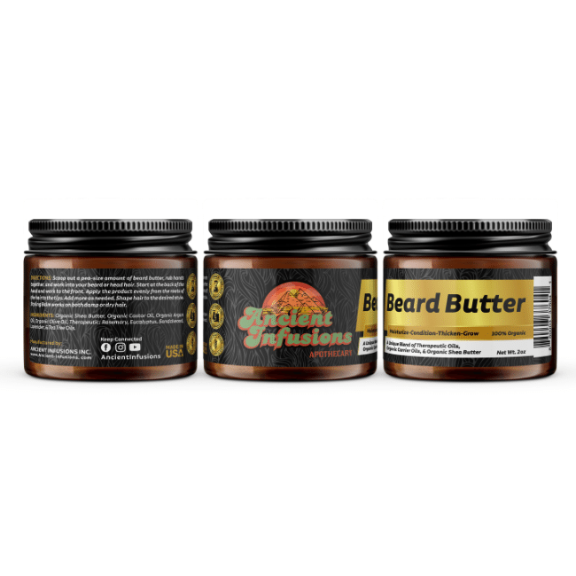 Beard butter by Ancient Infusions – natural moisturizer for conditioning, promoting beard growth, and taming unruly facial hair.