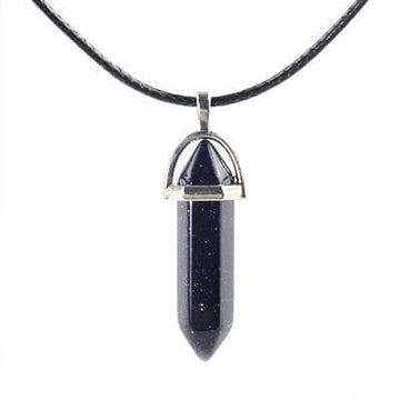 Ancient Infusions Celestial Spark Adjustable Blue Goldstone Pendant Necklace on Faux-Leather Cord - Mystical Gemstone Jewelry for Cosmic Elegance and Self-Expression.