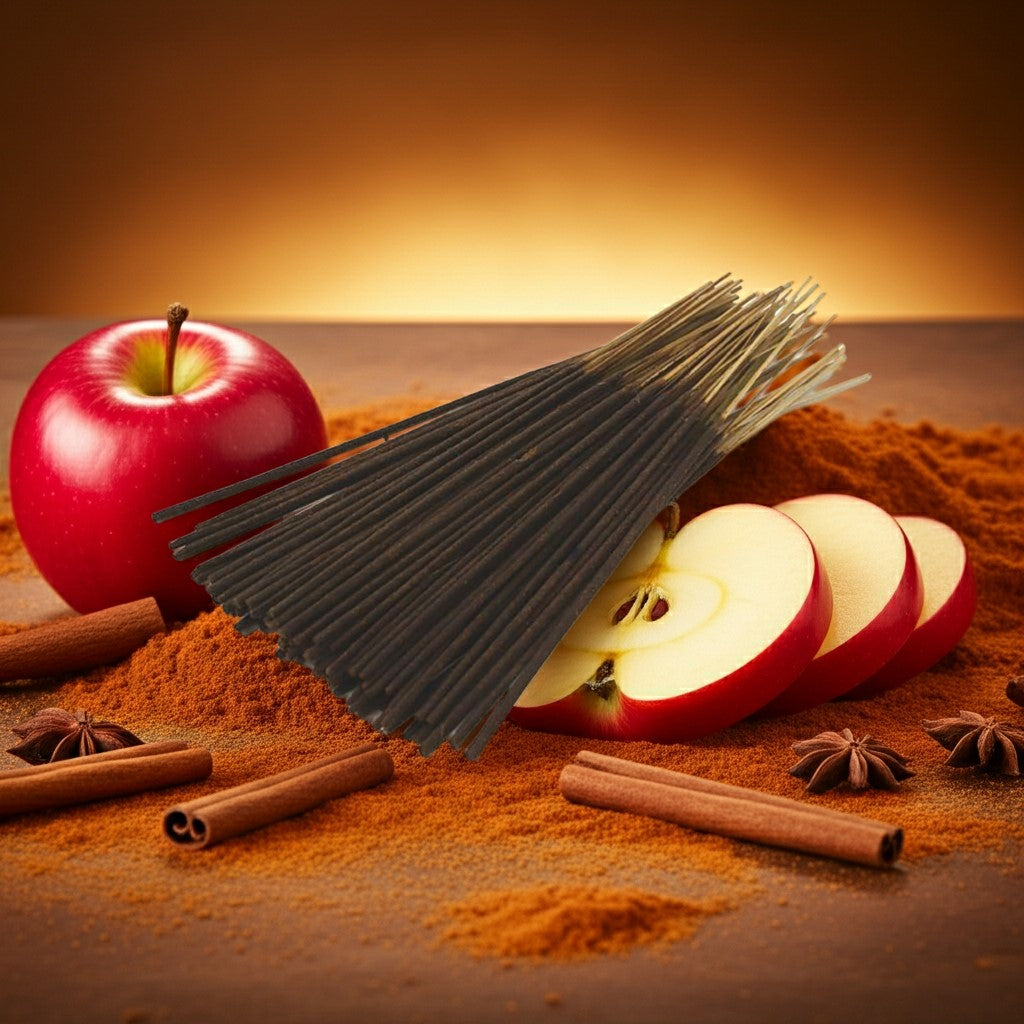 Apple Pie Incense Sticks with apples and cinnamon on a wooden surface