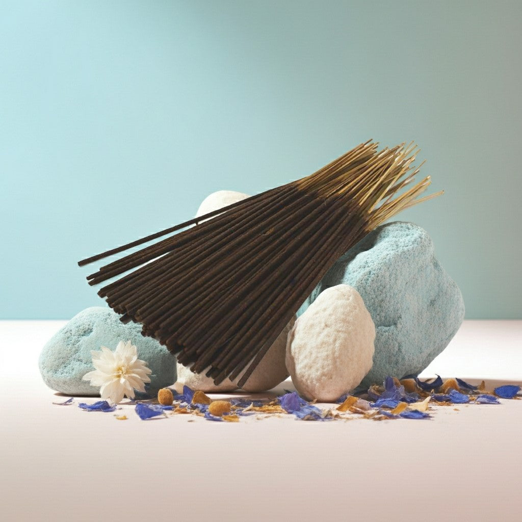 Baby Powder Incense Sticks with a pink ribbon on a colorful background with flowers and petals.