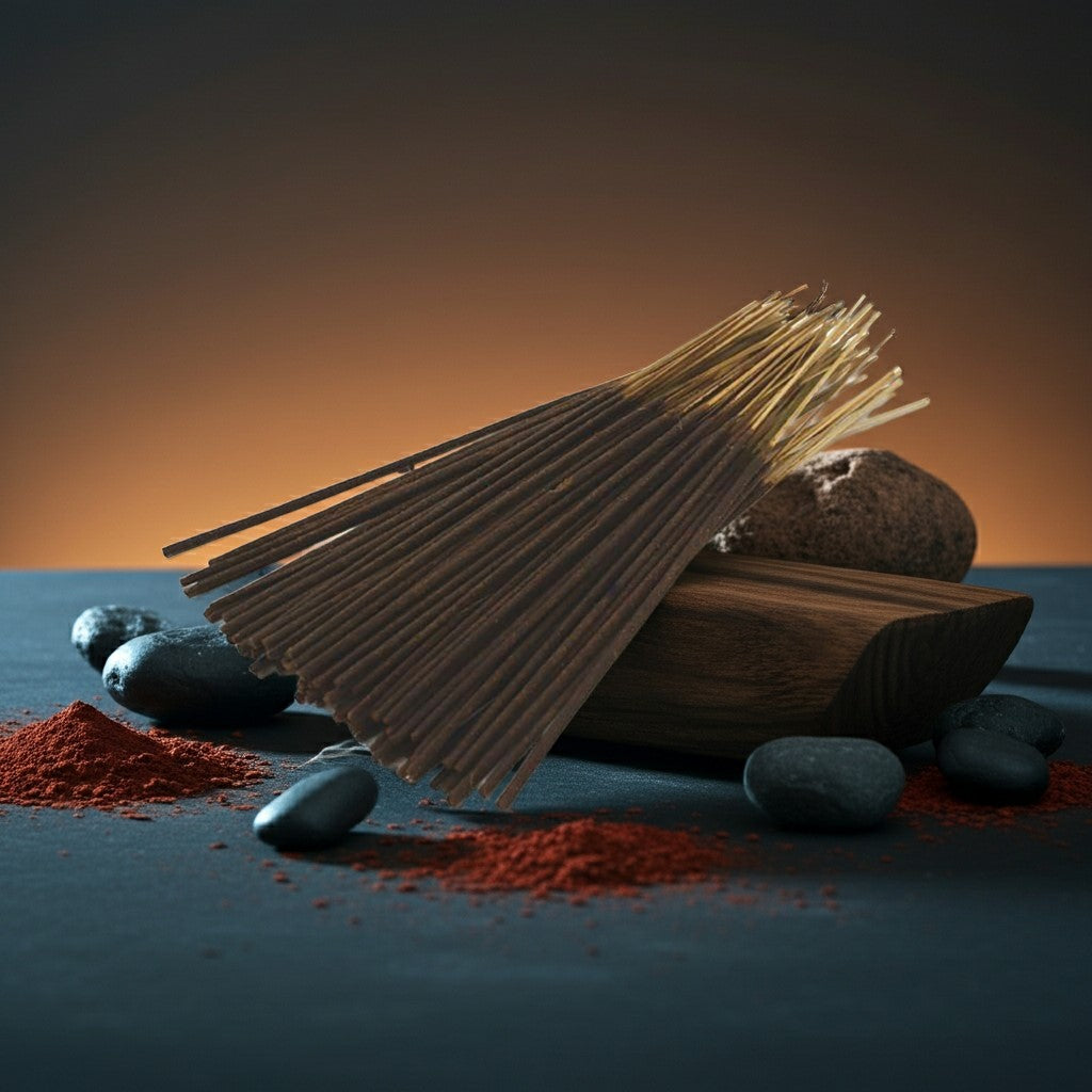 Black Butter Incense Sticks with a red band on black stones against a brown background