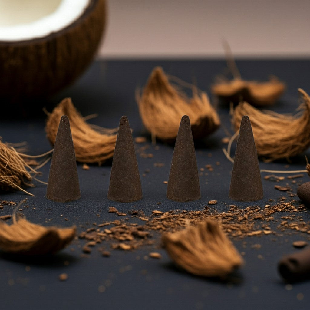 Black Coconut Incense Cones on a dark surface with coconut husks in the background