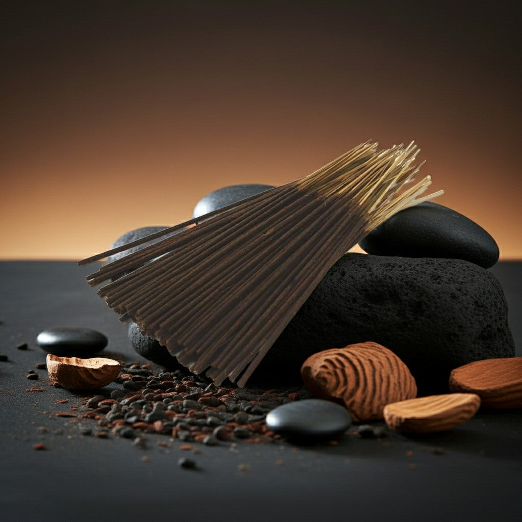 Black Coconut Incense Sticks with a wooden holder on black stones against a brown background