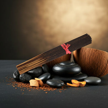 Black Coconut Incense Sticks with a wooden holder on black stones against a brown background