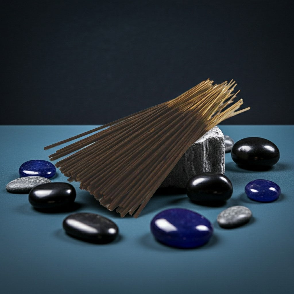 Black Ice Incense Sticks with a red ribbon on black stones against a blue background