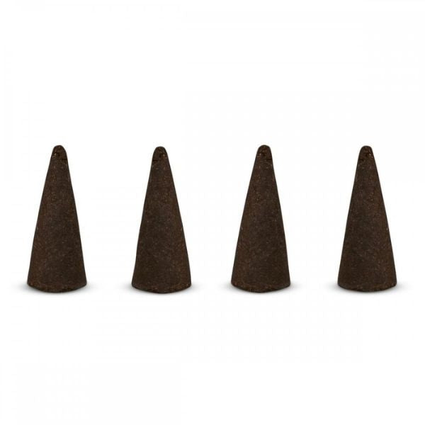 Black Love Incense Cones on a surface with rose petals and stones in the background