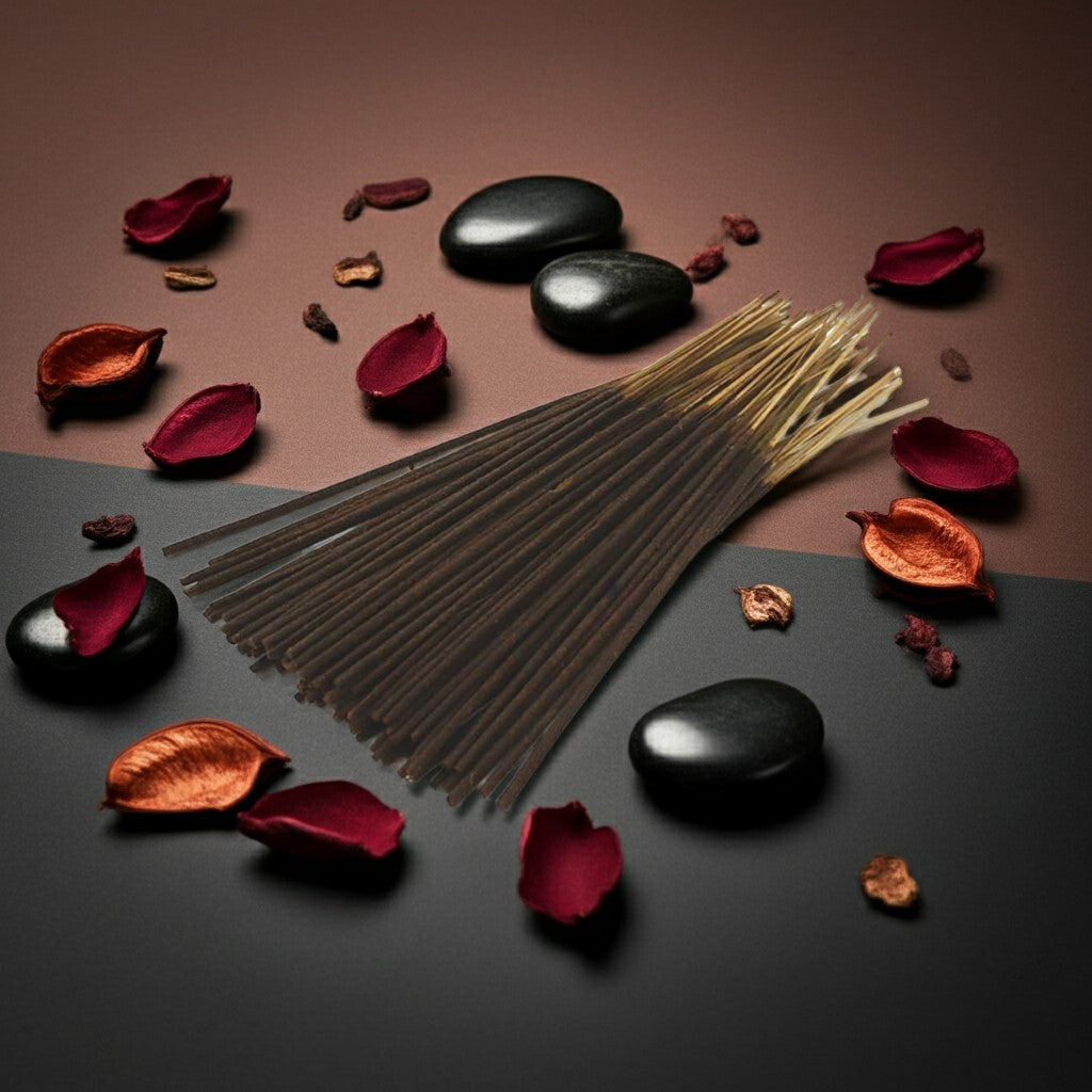 Black Love Incense Sticks with a pink ribbon surrounded by red rose petals on a dark surface