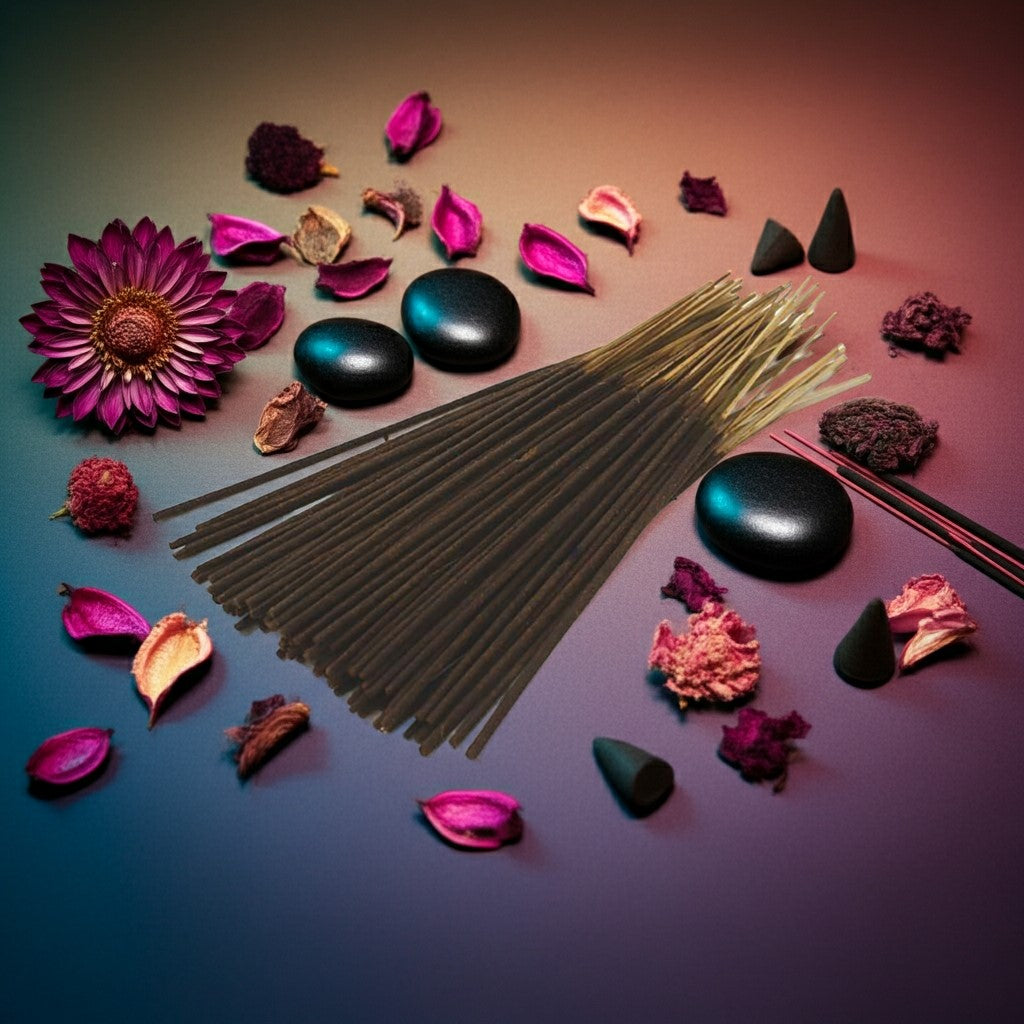 Black Woman Incense Sticks with black stones, purple flowers, and red petals on a gradient background
