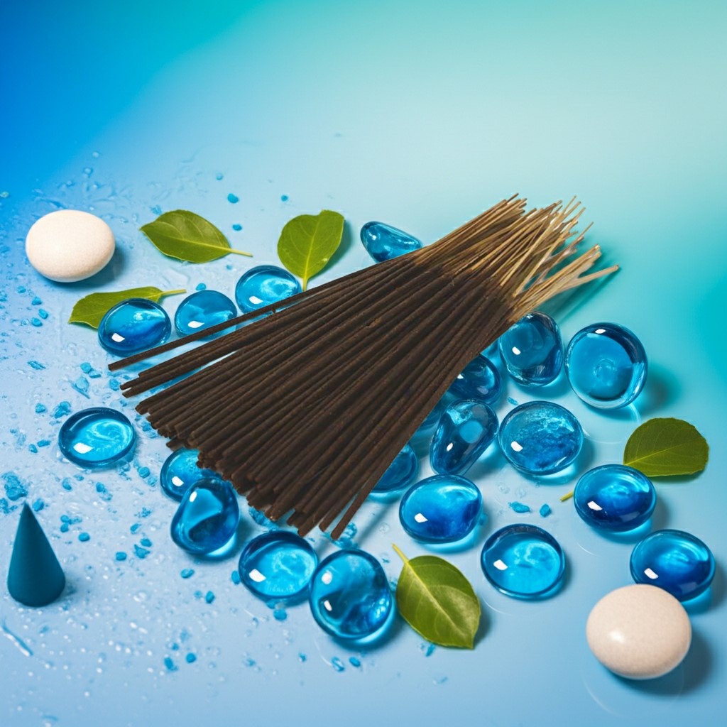Blue Nile Incense Sticks with a red ribbon on stones in water with a blue gradient background