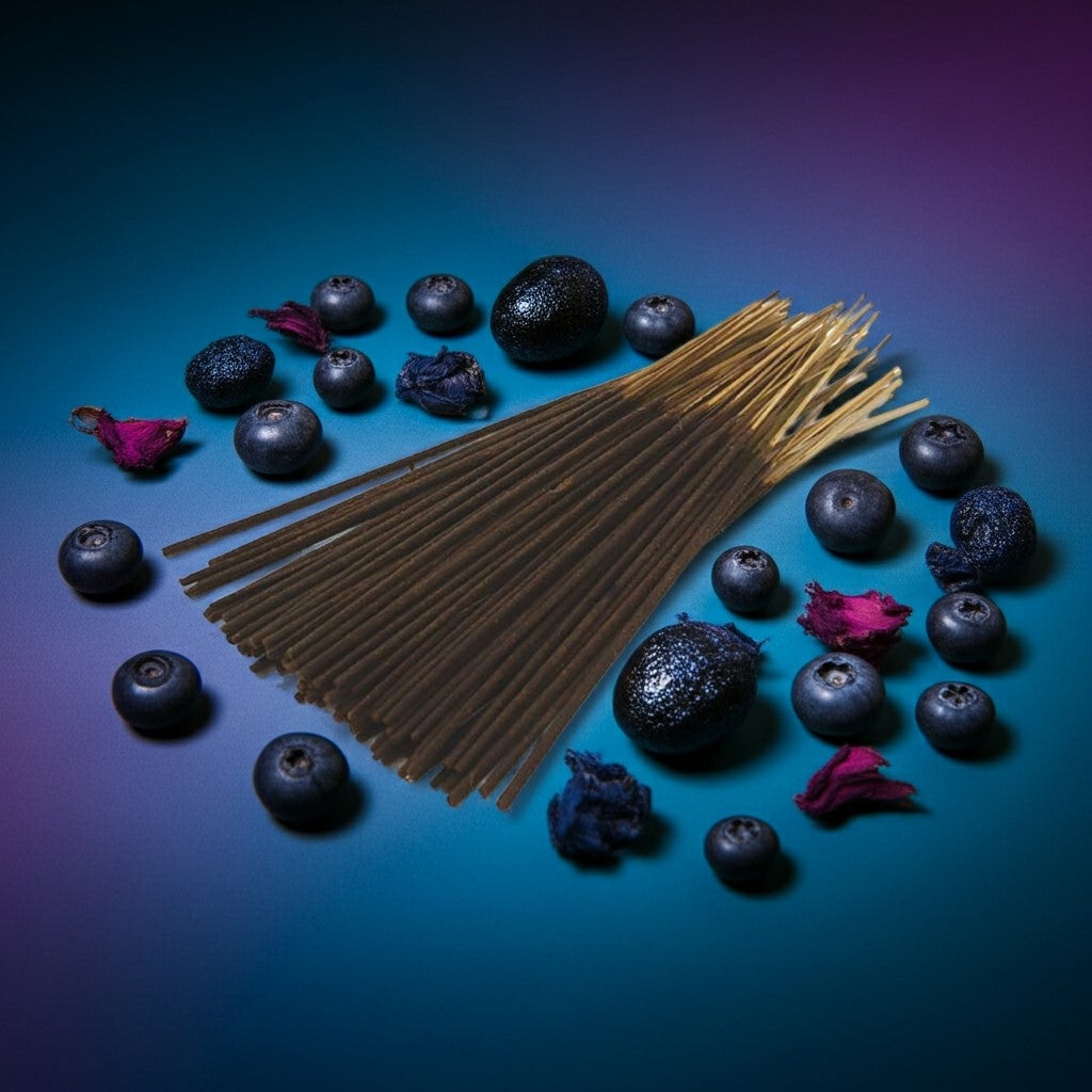 Blueberry Incense Sticks with blueberries and dried flowers on a gradient blue background