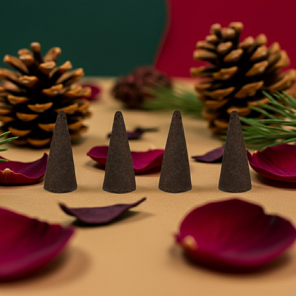 Christmas Cheer Incense Cones on red petals with pinecones in the background