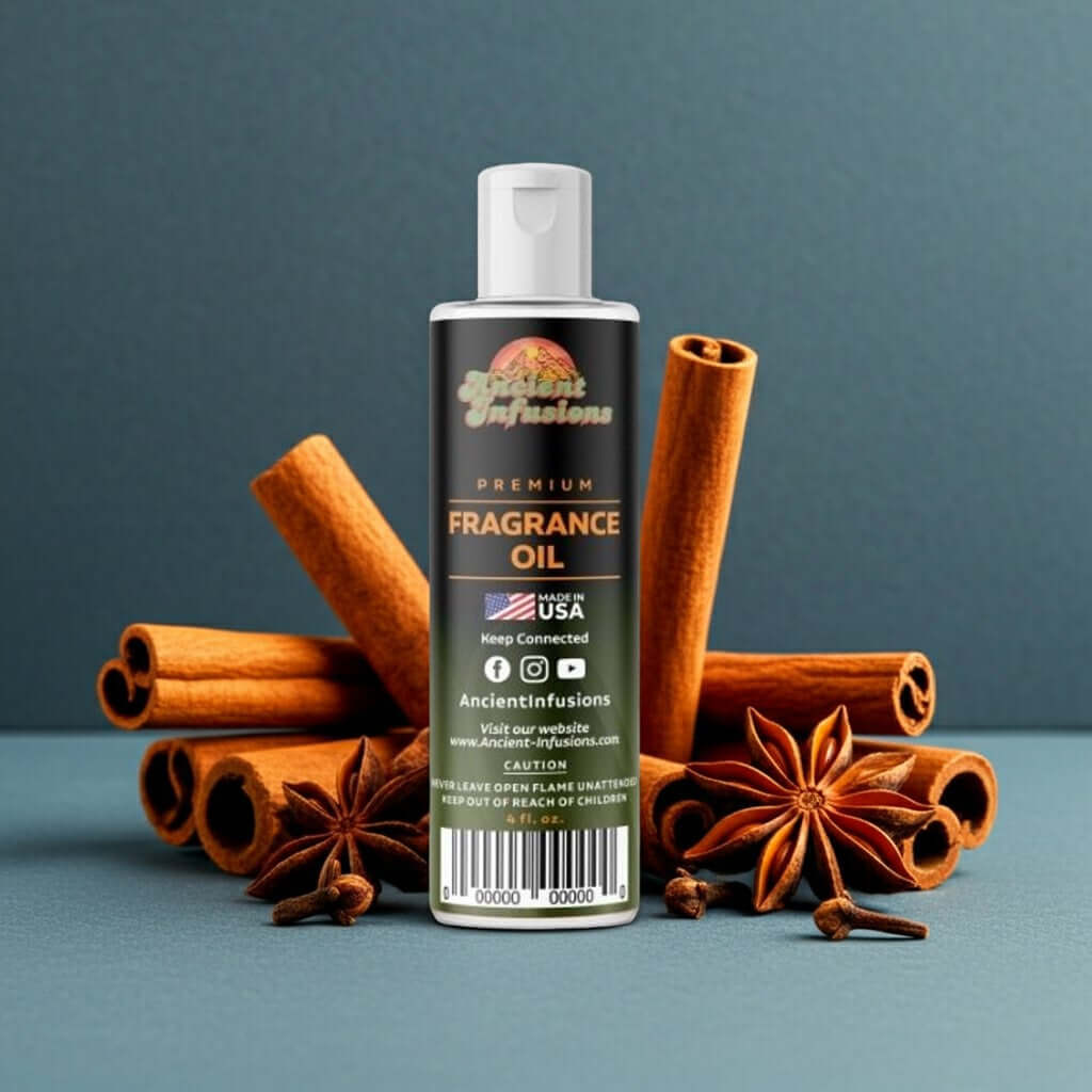Cinnamon Fragrance Oil bottle surrounded by cinnamon sticks and spices, enhancing the scent experience for handmade products.