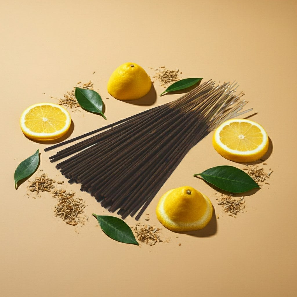 Citronella Incense Sticks with lemons and herbs on a beige background