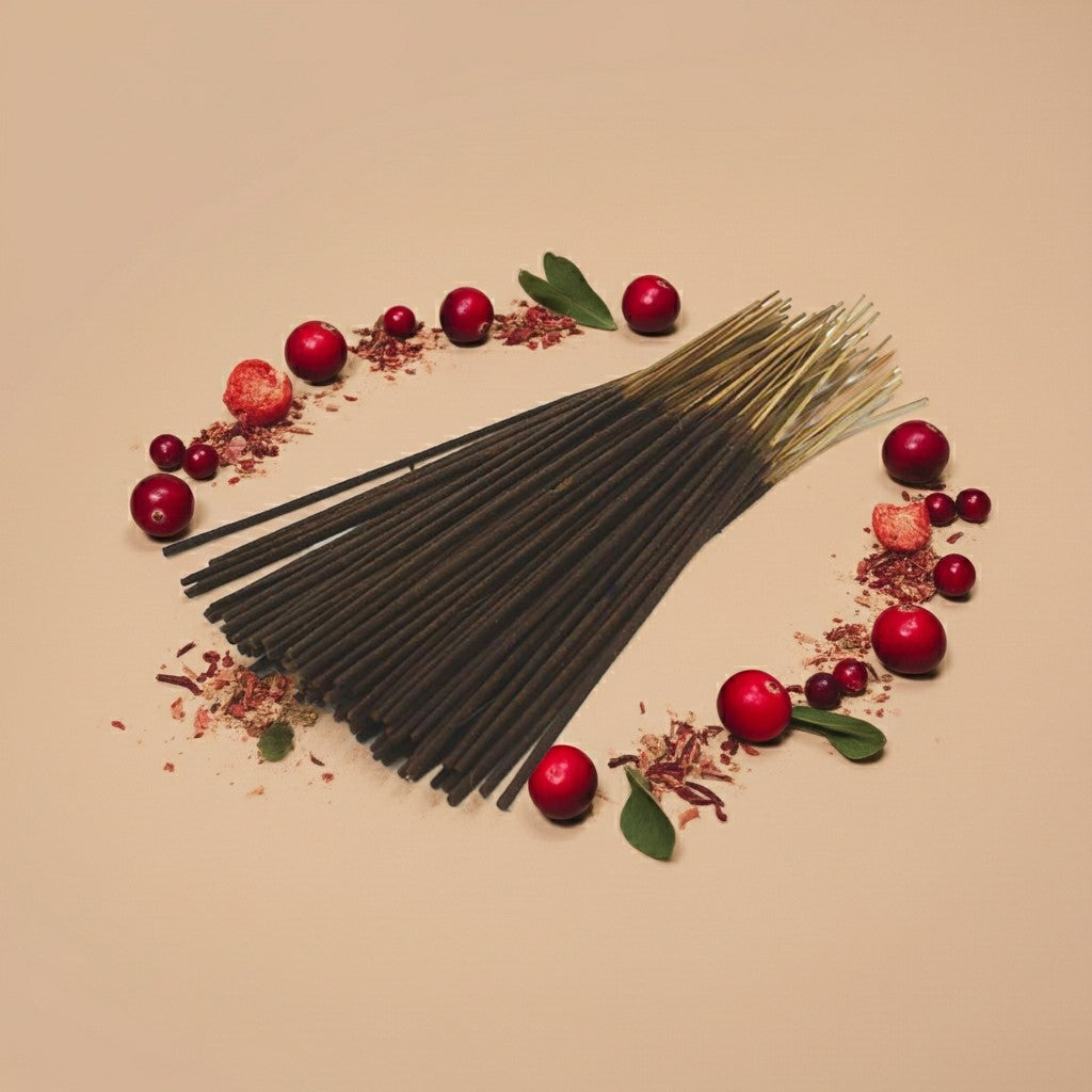 Cranberry Incense Sticks with a red ribbon surrounded by red berries on a beige background