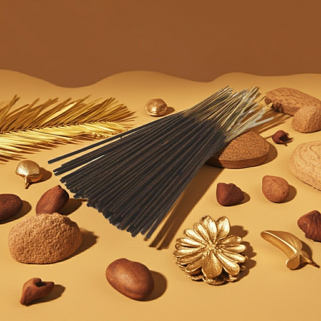 Egyptian Musk Incense Sticks with a red label on a sandy surface with rocks and flowers