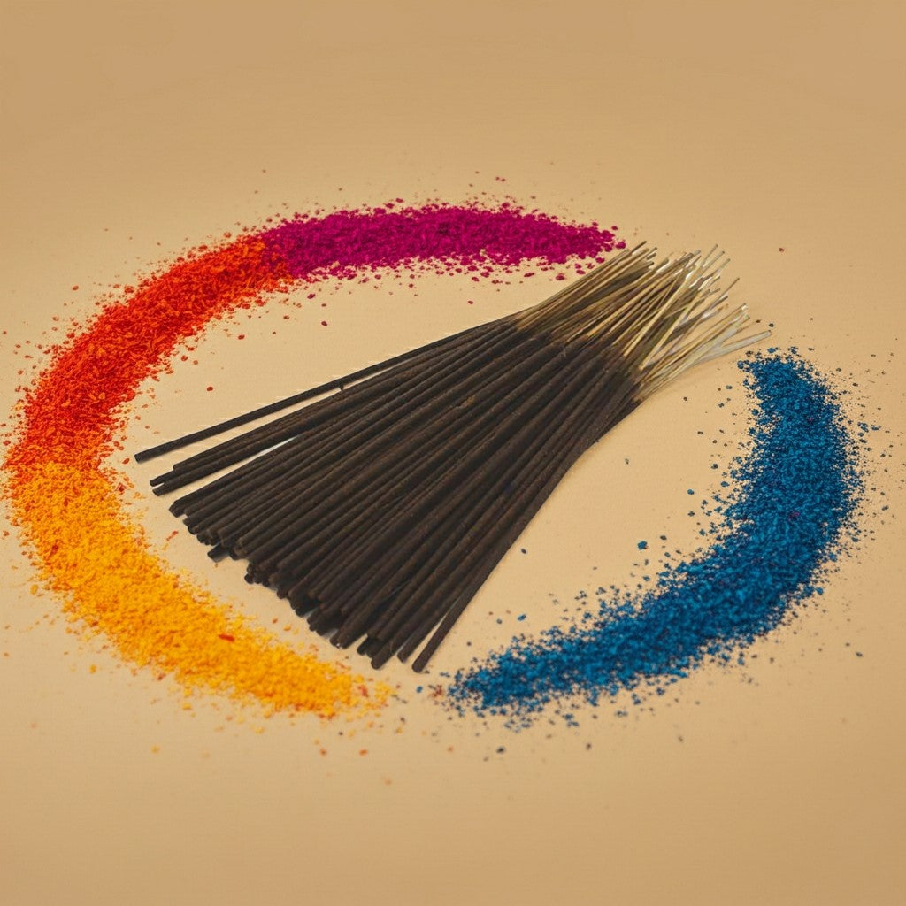 Fruity Pebbles Incense Sticks with colored powder on a beige background