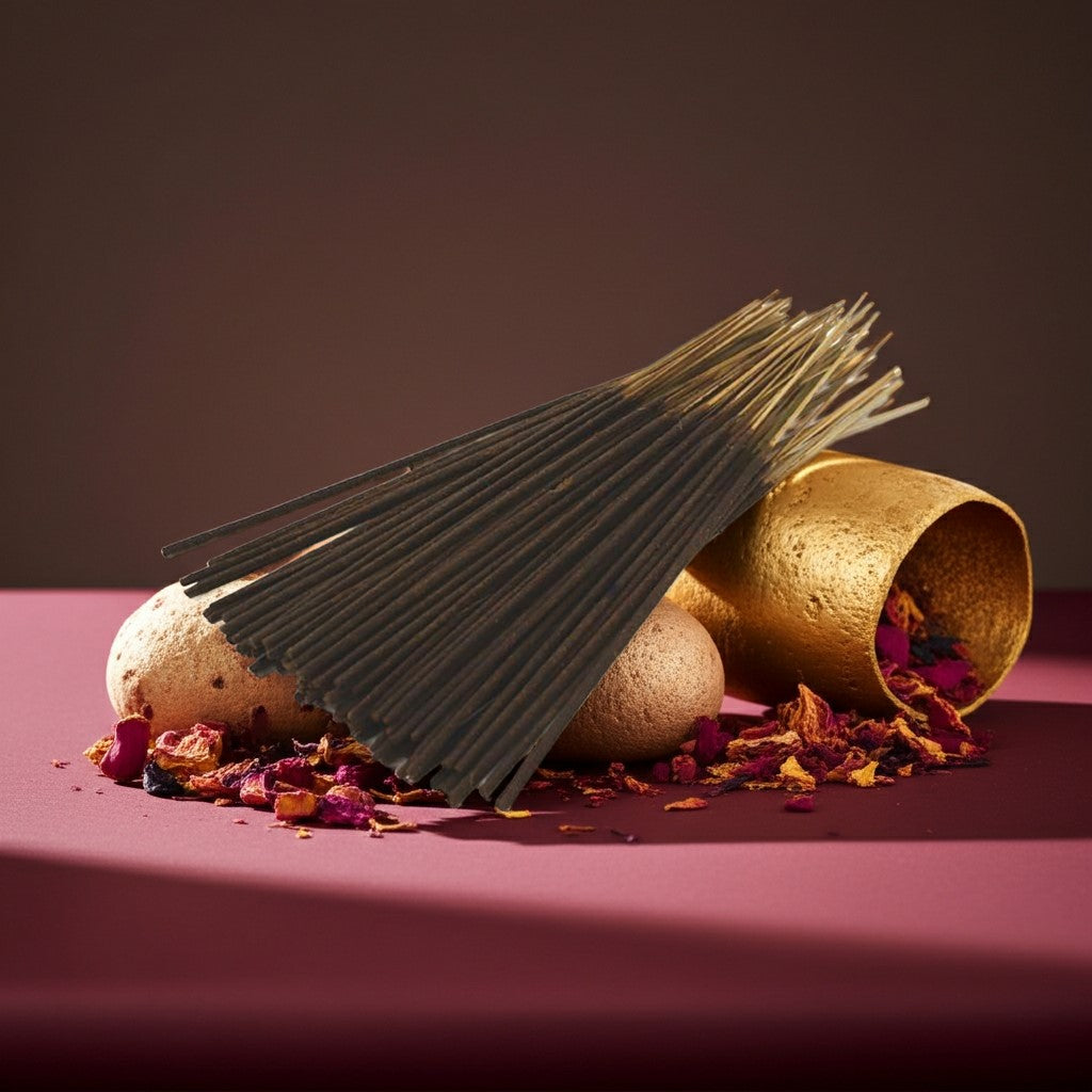 Imported Baccarat Rouge 540 Inspired Incense Sticks with gold bars and dried flowers on a dark background