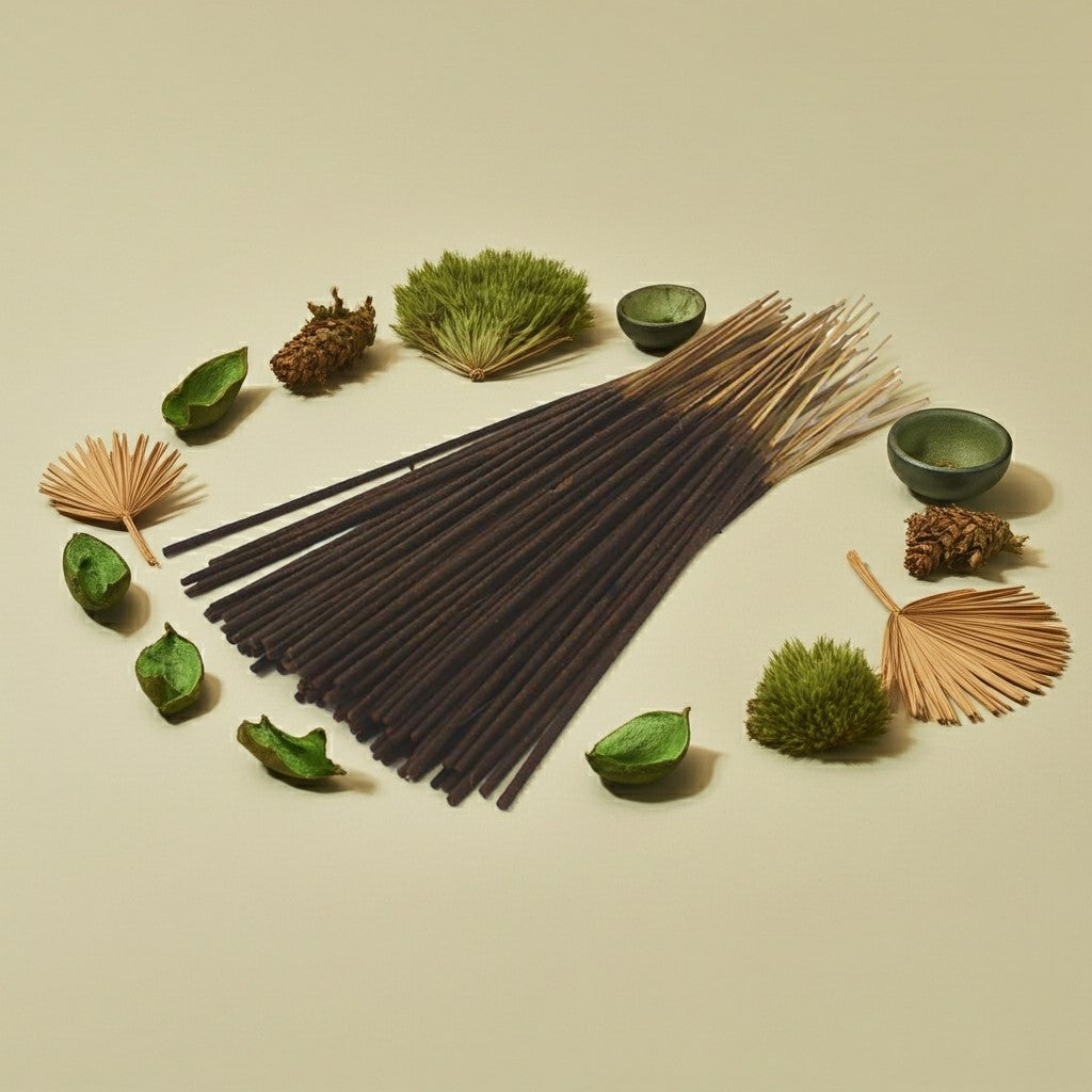 Imported Green Musk Incense Sticks with ceramic bowls and leaves on a light green background