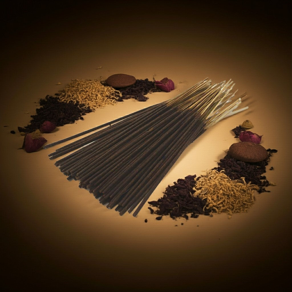 Imported Opium Incense Sticks with various incense resins and flowers on a brown background