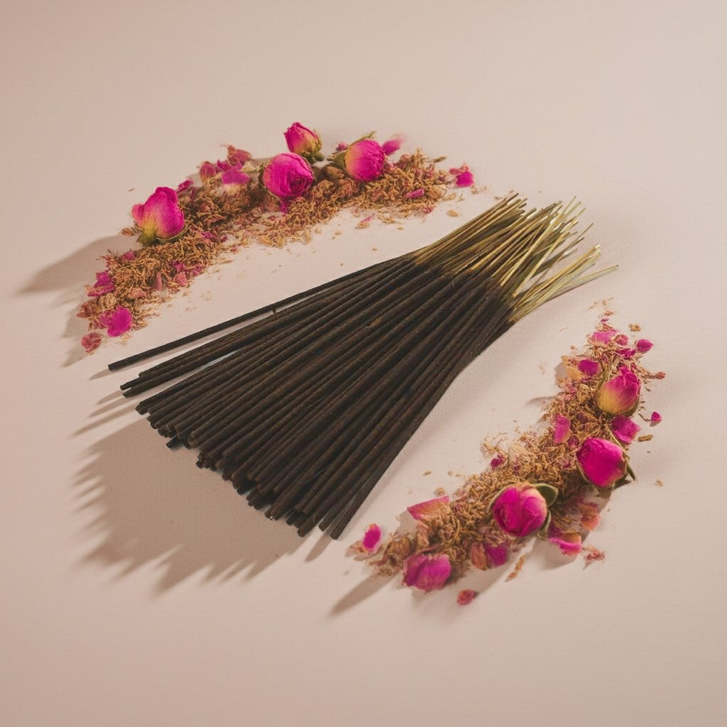 Imported Rose Vanilla Incense Sticks with a pink ribbon surrounded by rose petals on a beige background