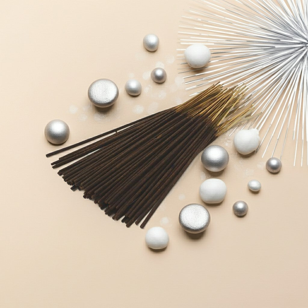 Imported Tahara Musk Incense Sticks with a pink ribbon arranged in a circular pattern on a beige background