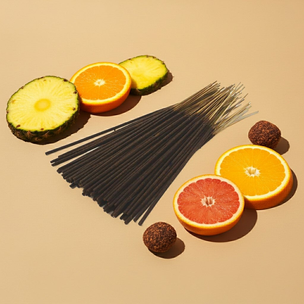 Jamaican Fruit Incense Sticks with a pink ribbon surrounded by sliced oranges, pineapples, and grapefruits on a beige background