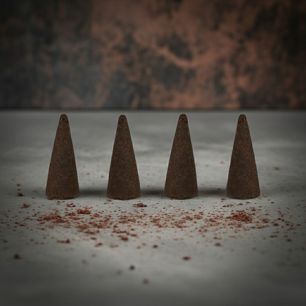 Patchouli Incense Cones on a textured surface with a blurred background