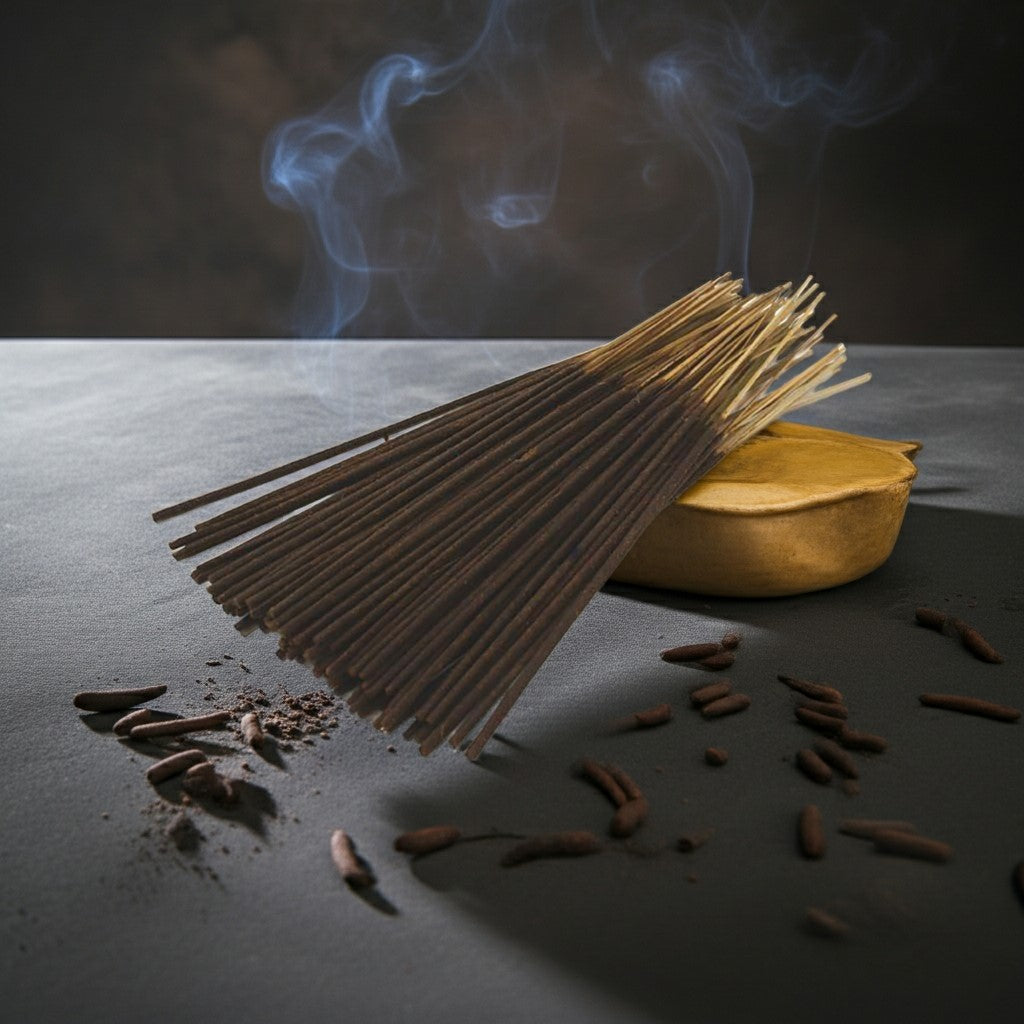 Patchouli Incense Sticks with smoke and a yellow container on a dark surface