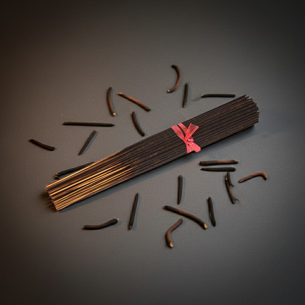 Patchouli Incense Sticks with a pink band on a gray background