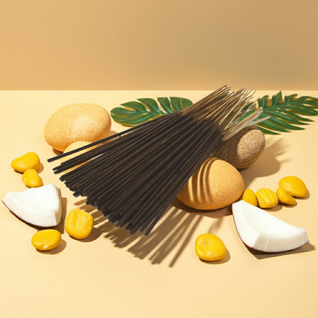 Pina Colada Incense Sticks with coconuts and leaves on a beige background