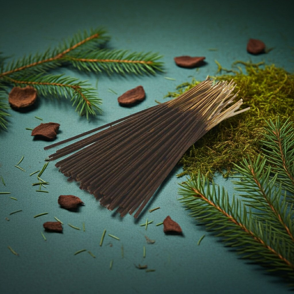 Pine Needles Incense Sticks with a pink ribbon on a green surface with pine branches